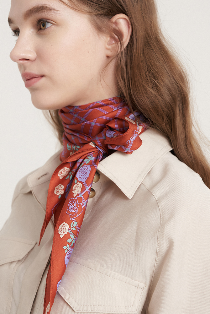 Flower check silk scarf - brown